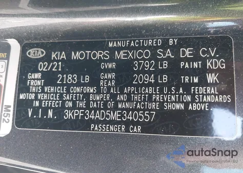 2021 Kia Forte Gt-Line z USA, uszkodzony, nr VIN 3KPF34AD5ME340557